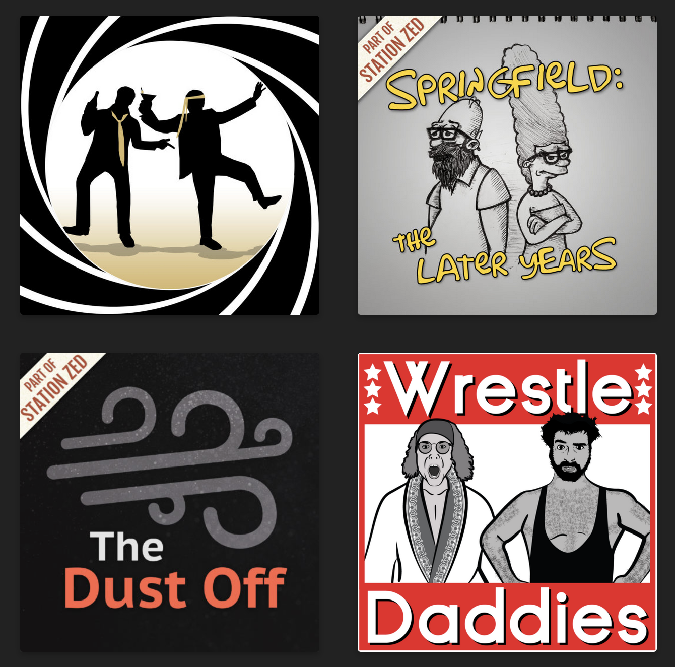 grid of four thumbnail images on a black background, each with the show's title and a different style of illustration, colours, font, and design.