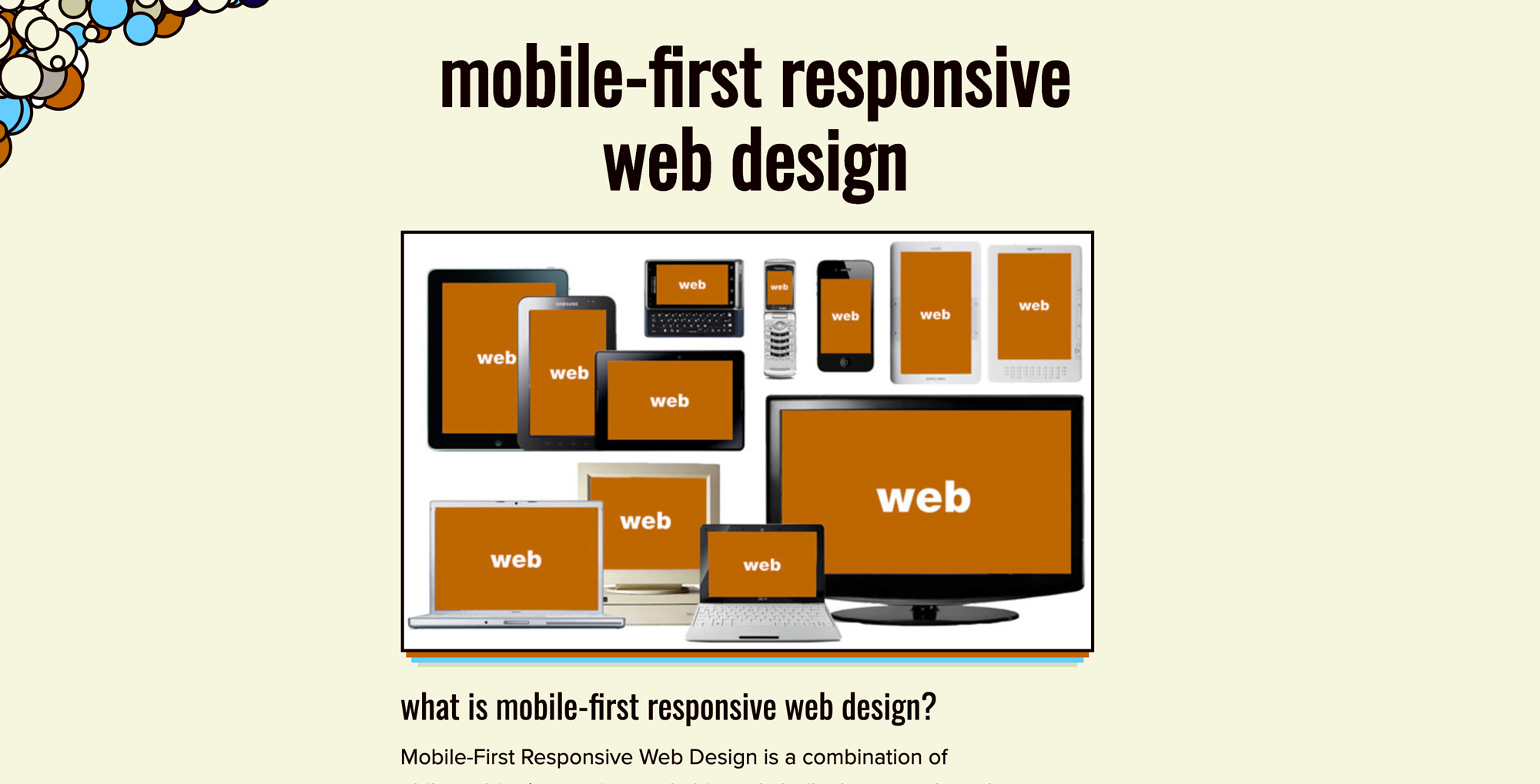 mobile-first responsive web design title with a collection of phones, tablets, and computers that all read 'web' on the screen
