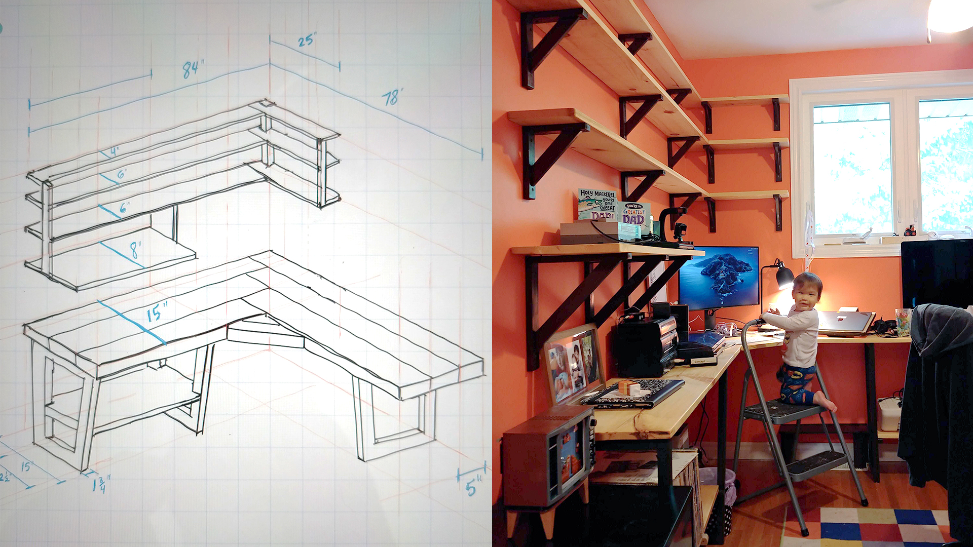 early sketch of a desk and shelves next to the finished install