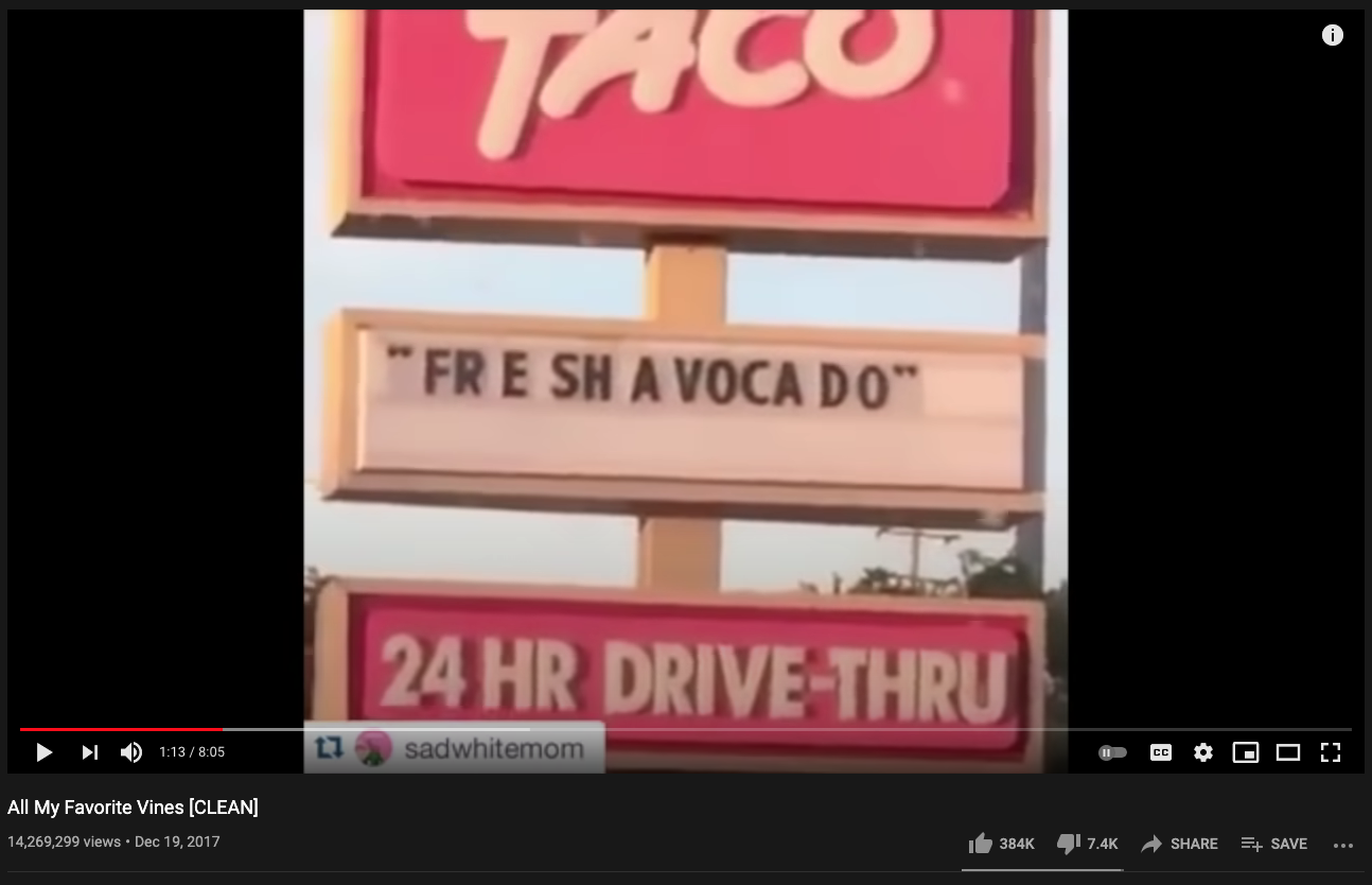 taco restaurant sign with spaced apart letters reading "fr e sh a voca do