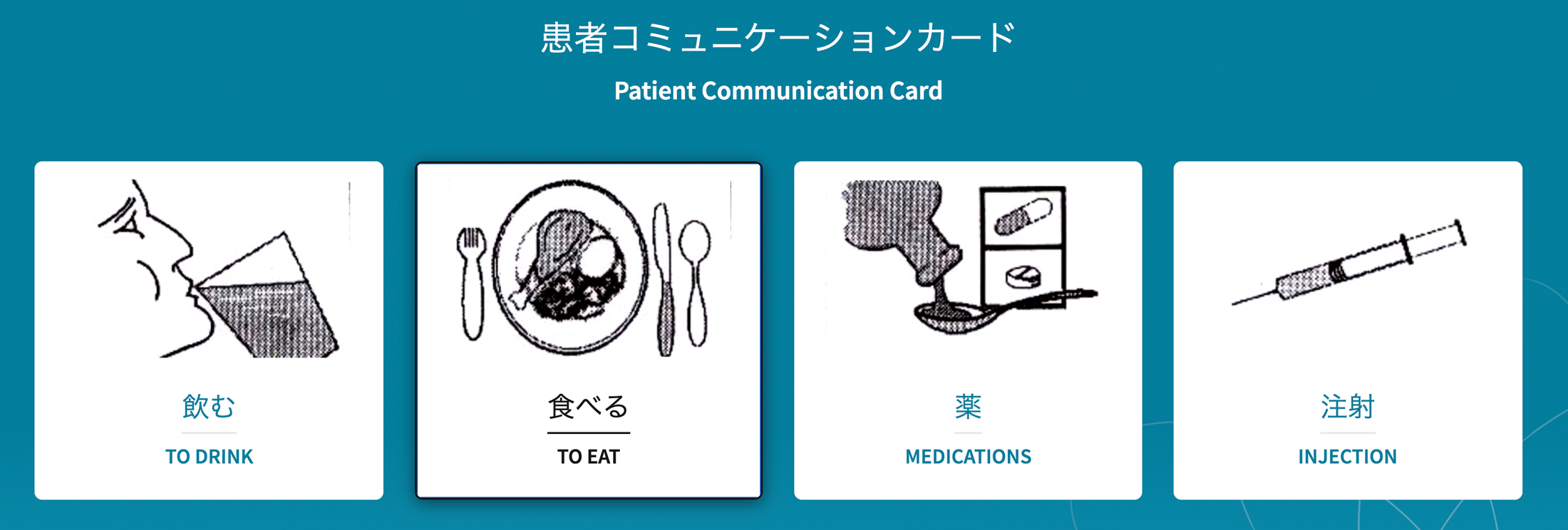 patient communication card with images of common patient requests translated into english and japanese